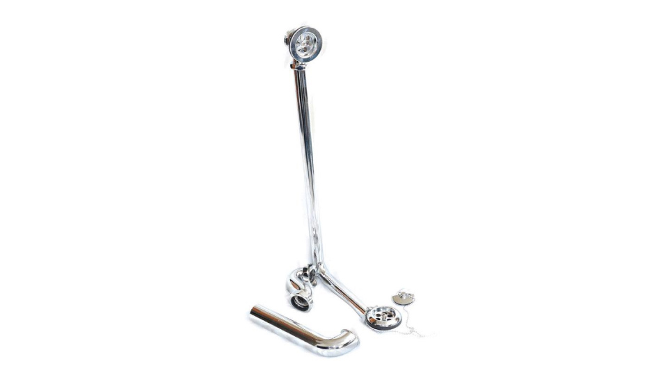 EXPOSED CHROME BATH WASTE: BRASS BATHTUB DRAIN, OVERFLOW, PIPE, BRASS PLUG WITH CHAIN – CHROME FINISH.